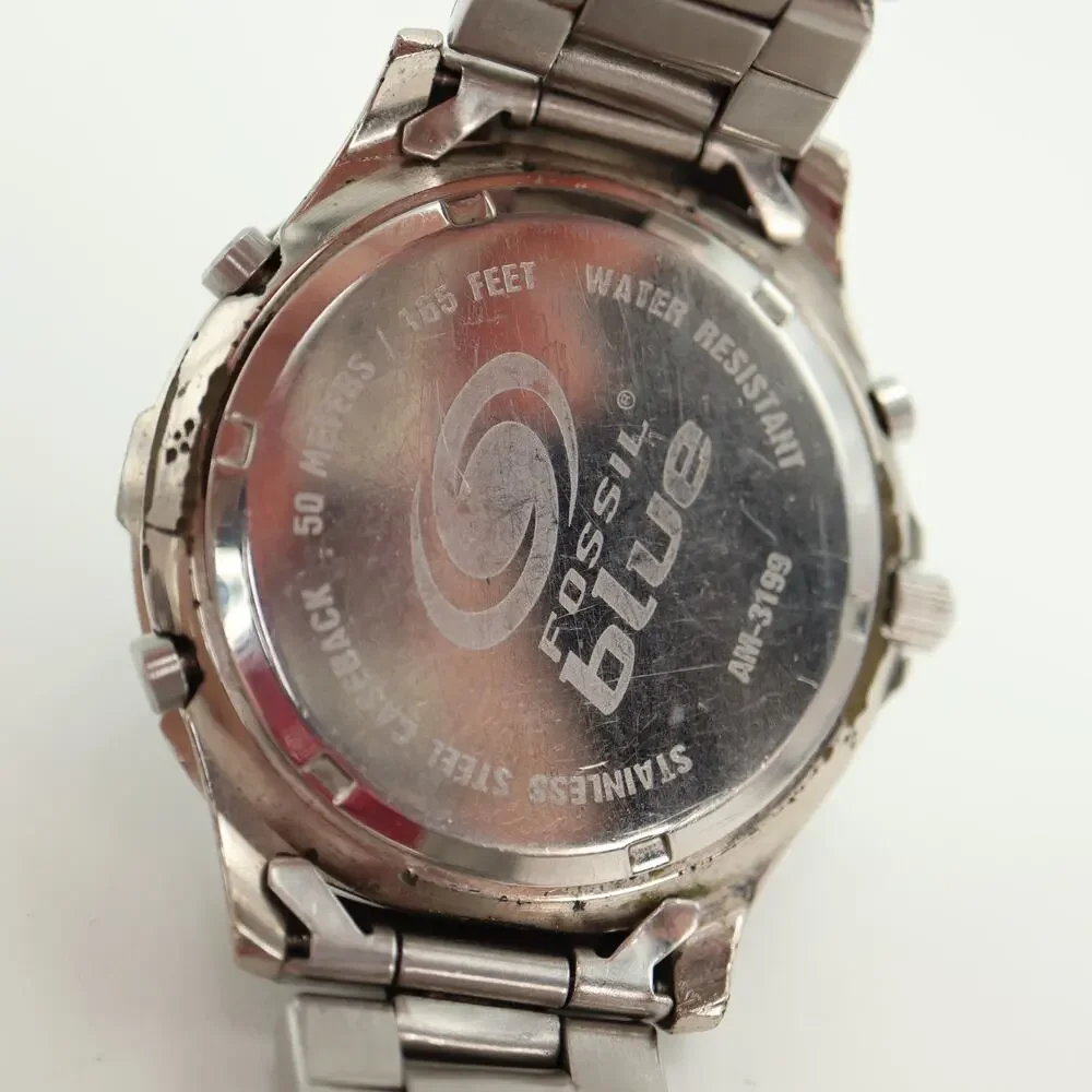Vintage Fossil Blue Ana Digi 43mm Watch Alarm Chrono Timer Backlight AM3199